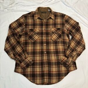 Vintage Wool Flannel Bell Shirt Brown Plaid 85% Wool 15% Nylon Canadian FLAW